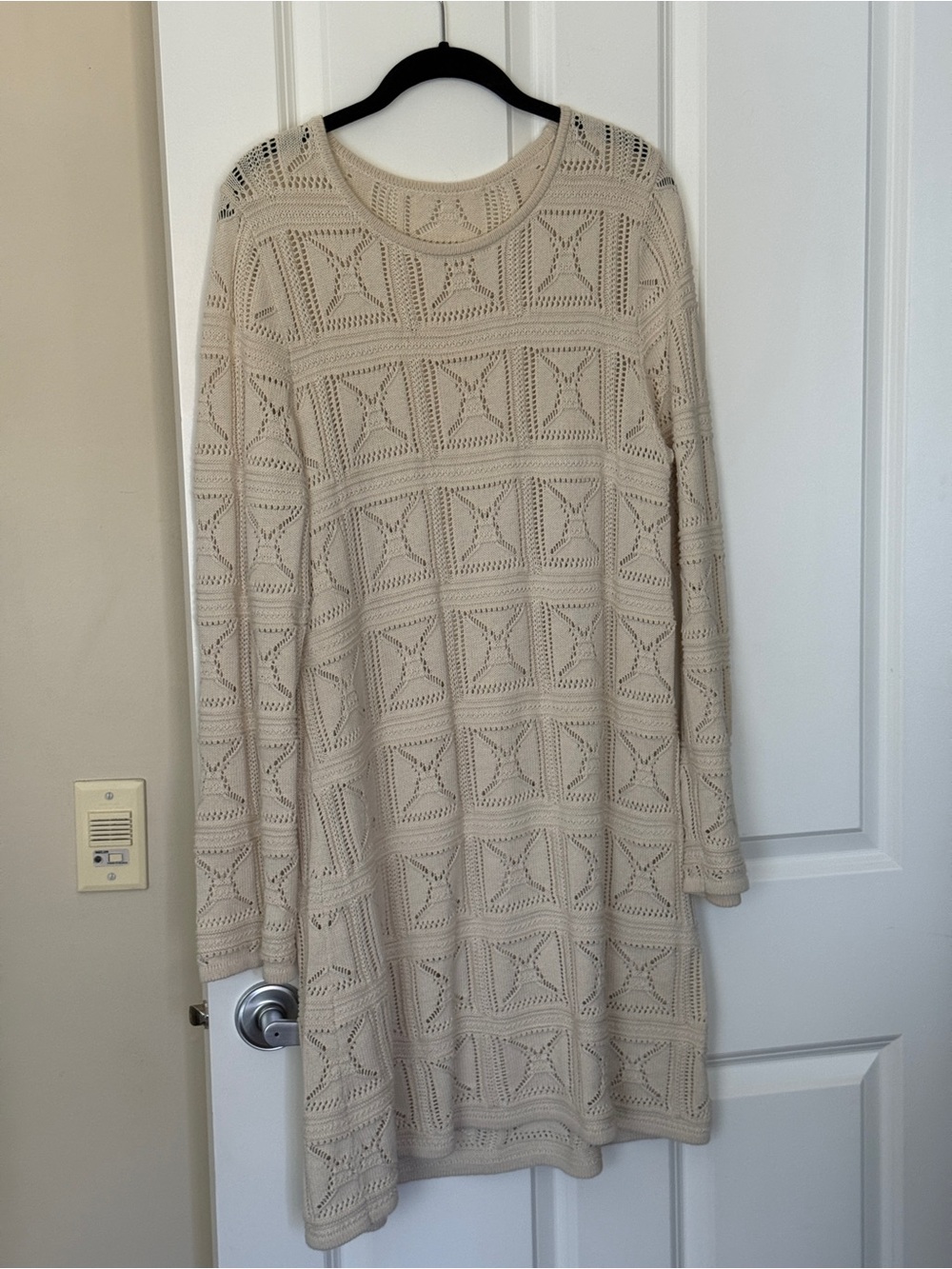 100% Cotton Cream Knit Patterned Long Sleeve Dress